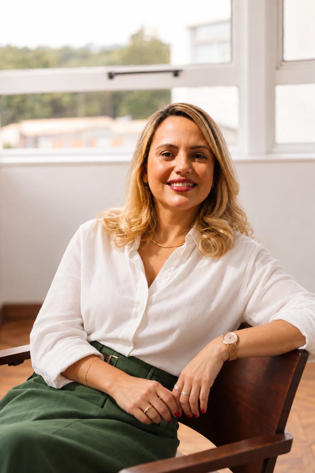 Psicóloga Claudia Gabriel sorrindo, sentada em uma cadeira de madeira perto da janela