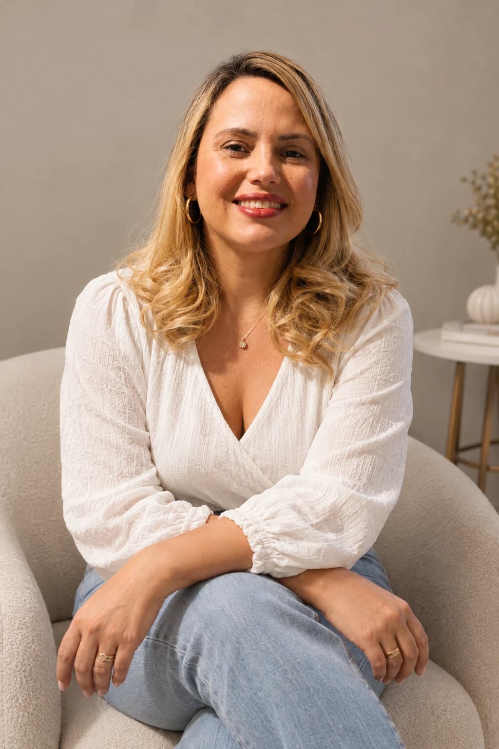 Claudia Gabriel, psicóloga em Rondonópolis – MT, sorrindo em uma poltrona